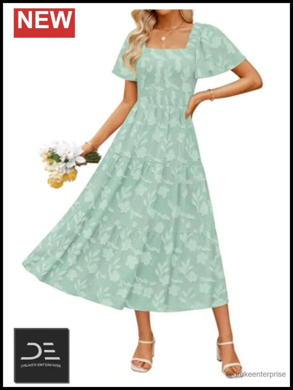 Boho Floral Midi Dress with Square Neck, Short Sleeve, Flowy Silhouette